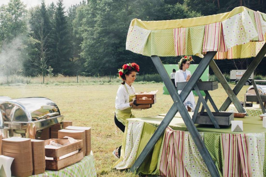 A table with served food and containers